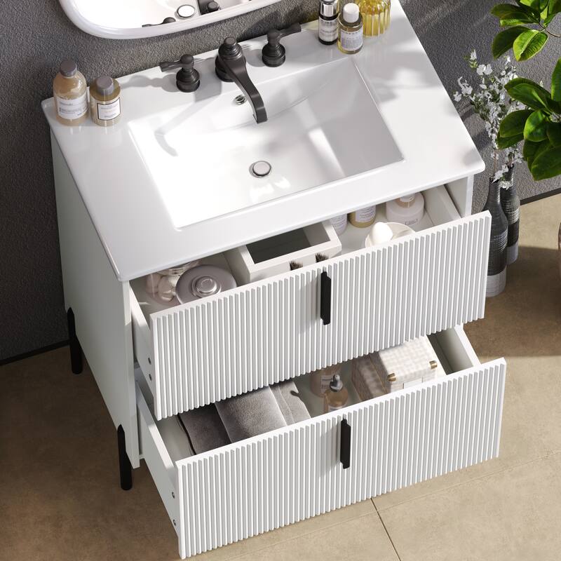 30" Bathroom Vanity with Ceramic Sink and Full-Extension Drawers, Soft Close Undermount Drawer Slides, Fluted Design