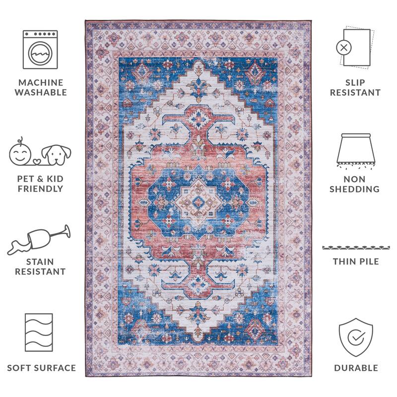 SAFAVIEH Tucson Machine Washable Slip Resistant Namiko Oriental Rug - 6' x 9' - Beige/Blue