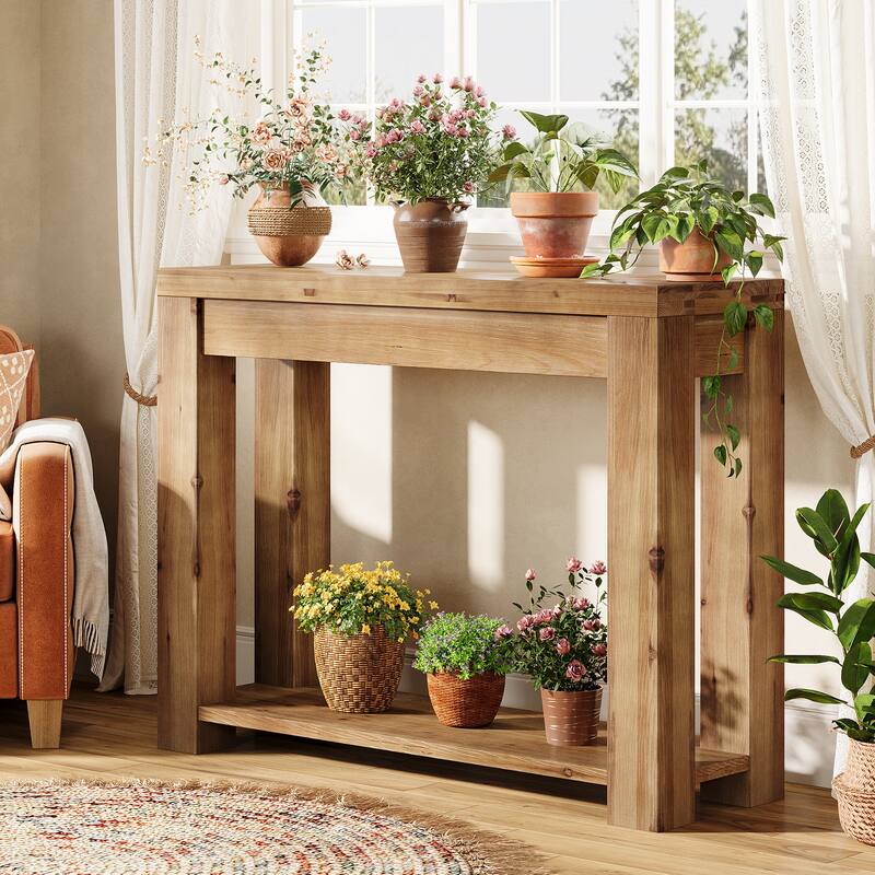 43.3" Solid Wood Console Table with 2-Tier Storage, Sofa Table