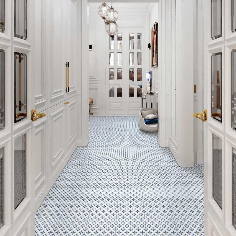 Etiquette 8x8 Satin Porcelain Encaustic Tile - Floor, Wall & Backsplash - Case of 23 (8.6 Sq. ft.) - Blue