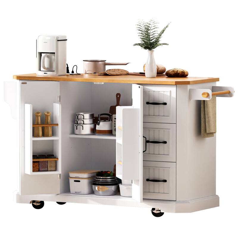 Kitchen Island Embossed Vertical Stripe Rolling Kitchen Cart with Rubber Wood Veneer Drop Leaf