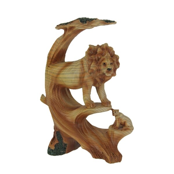 Carved Wood Look Lion and Cub in Tree Statue - 8.75 X 6.25 X 2.75 inches