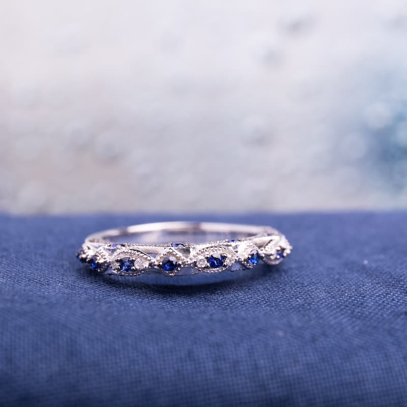Miadora 10k White Gold Created Blue Sapphire and Diamond Accent Vintage Anniversary Ring