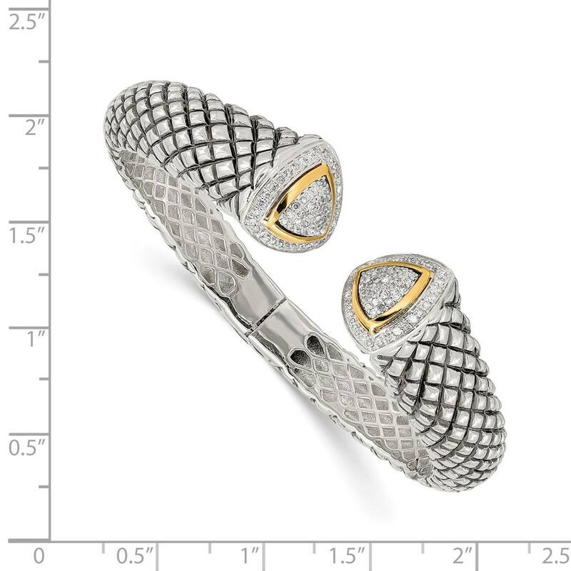 Curata 925 Sterling Silver Hinged Polished Prong set and 14k Yellow Diamond Cuff Stackable Bangle Bracelet