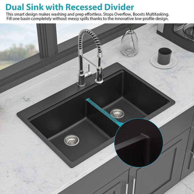 Granite Composite Double Bowl (60/40) Workstation Topmount Drop-in Kitchen Sink - Black