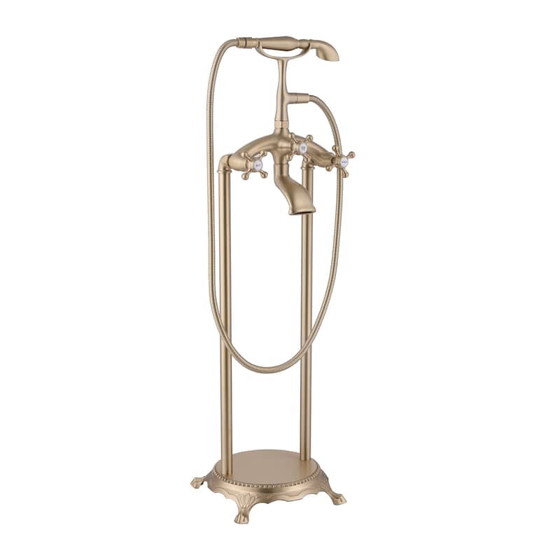 39.37"H Solid Brass 3 Handle Floor Mounted Clawfoot Tub Faucet with Diverter - Brushed Gold