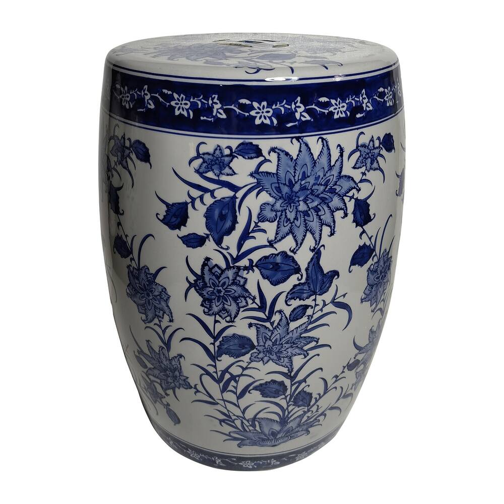 Sagebrook Home Ceramic Pinwheel Flower Chinoiserie Stool in Blue and White