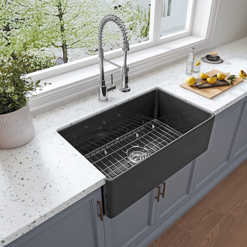 Sinber Farmhouse Apron Single Bowl Kitchen Sink with Fireclay White Finish