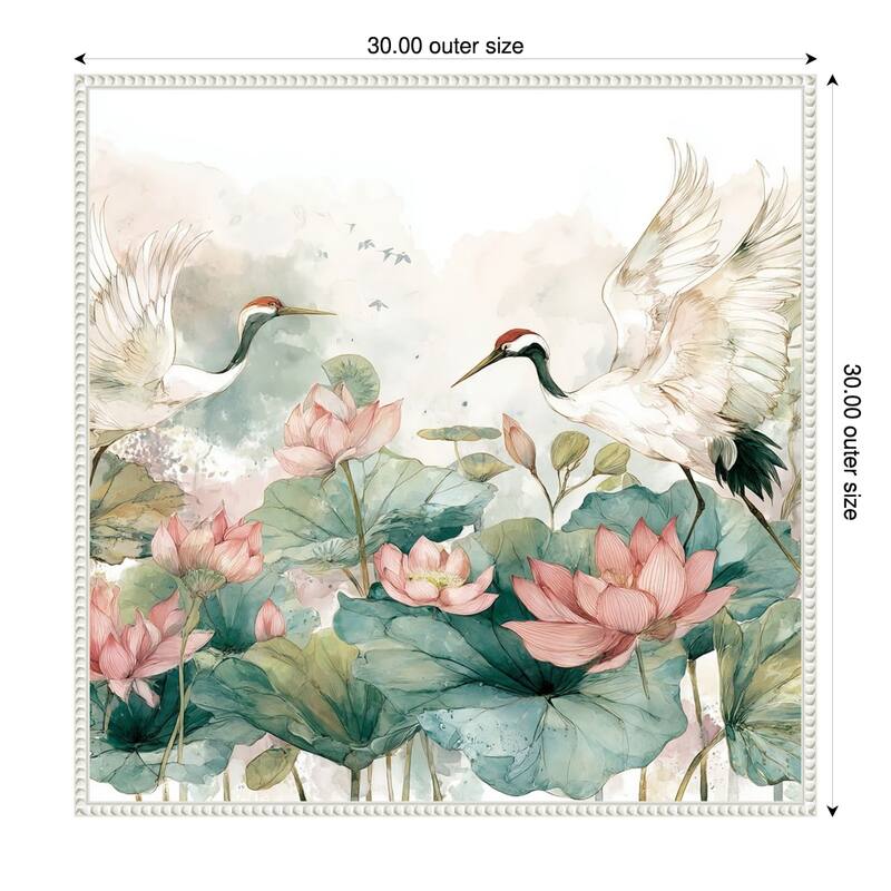 Crane and Lotus Dance by Tradelink inhouse artist Framed Canvas Wall Art Print - 30 x 30 in
