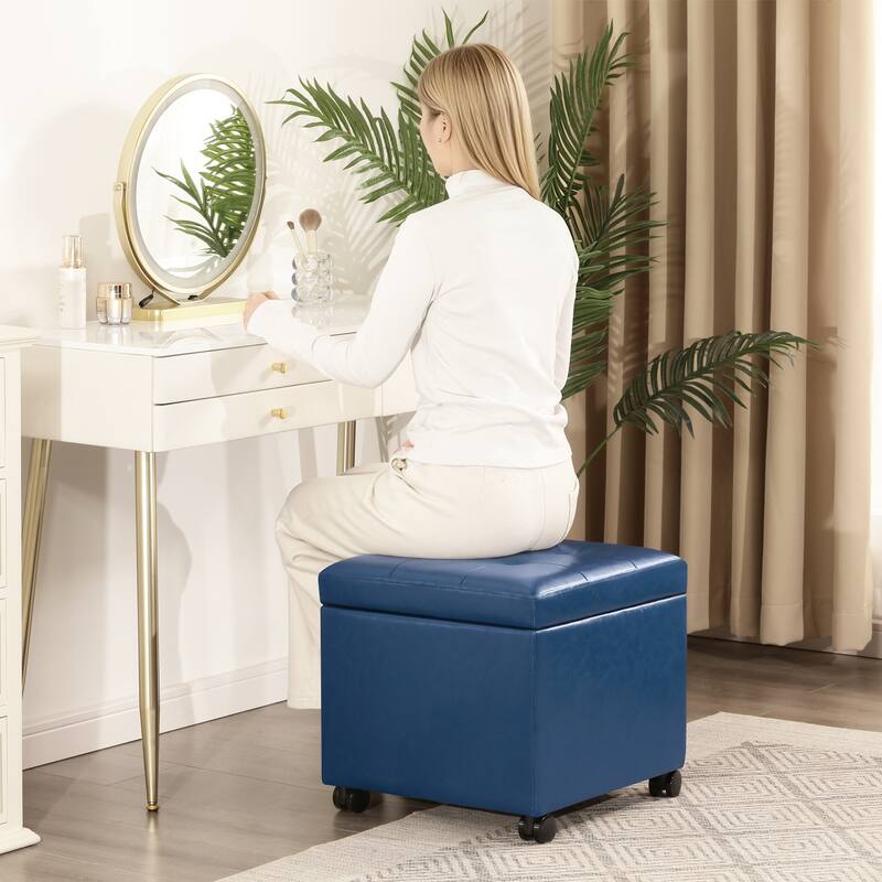 Adeco Bonded Leather Storage Ottoman Square Tufted Cube Footstool