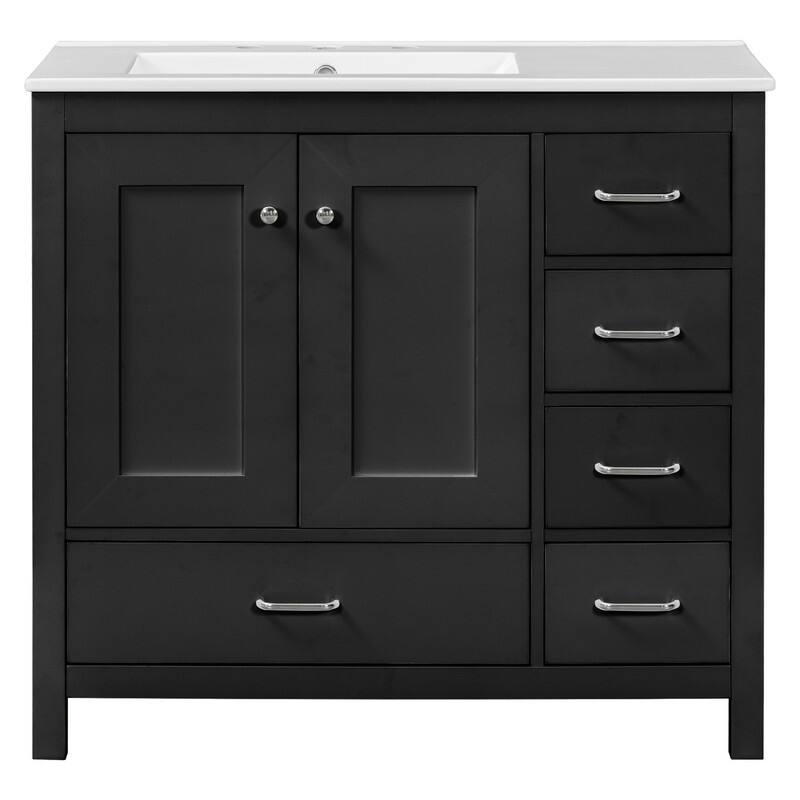 36'' Bathroom Vanity with Ceramic Sink Combo, Modern Bathroom Vanity Cabinet with 2 Soft Close Doors and 5 Storage Drawers