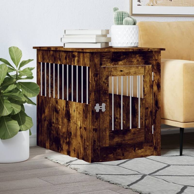 vidaXL Dog Crate with Door Doghouse Puppy Kennel Peg Cage Engineered Wood - 21.7" x 31.5" x 26.8" - Smoked oak