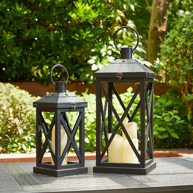 Glitzhome Set of 2 Farmhouse Wooden Lantern Hanging Candle Holders Fall Wedding Decor - 24"+17"