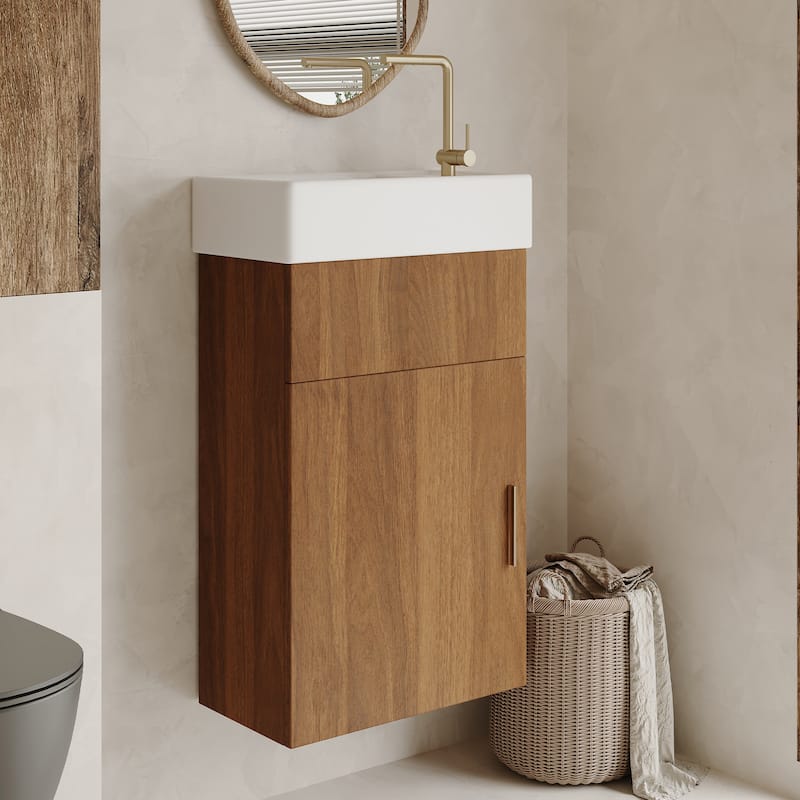 16.5 Inches Modern Floating Bathroom Vanity with Intergrated Ceramic Basin and Storage- Perfect for Small Bathroom