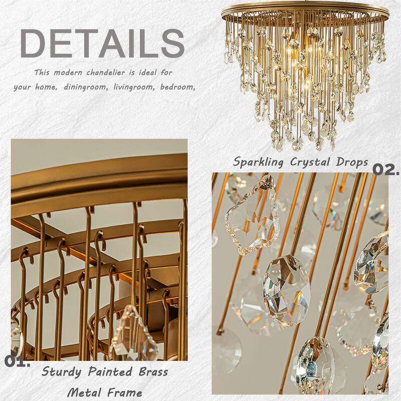 5/7-Light Contemporary and Glam Antique Gold Rain Drop Crystal Flush Mount