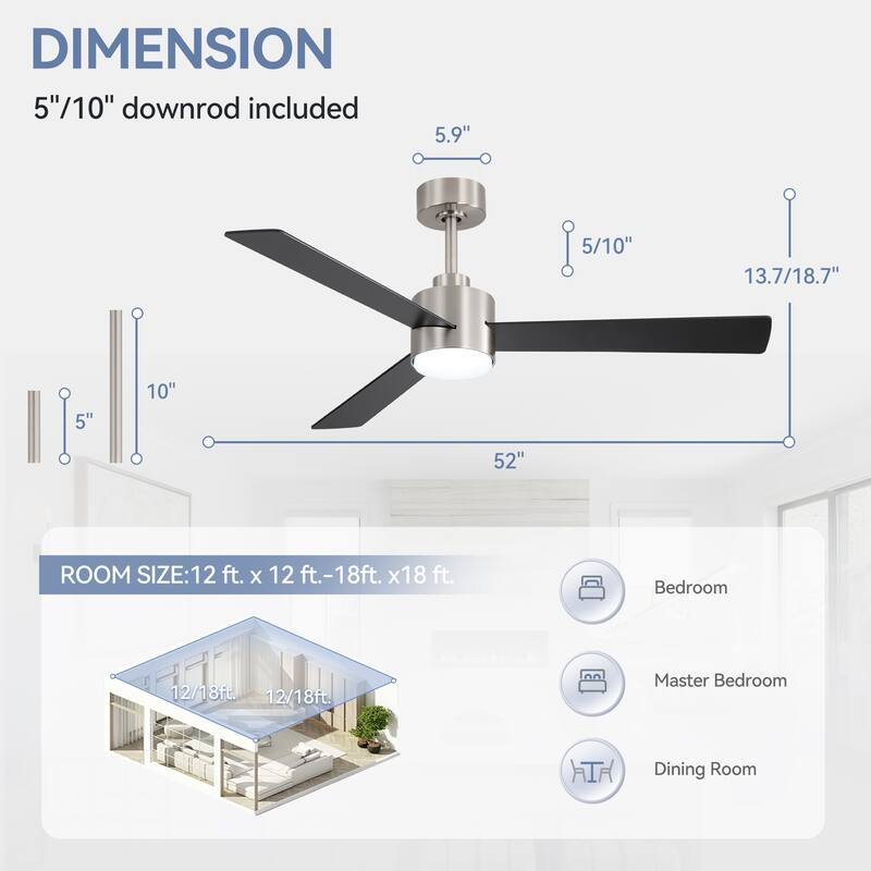 52-inches 3-Blade Ceiling Fan With Remote Downrod