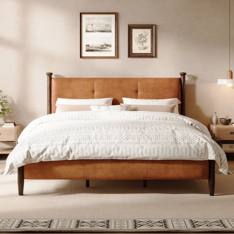 Christopher Knight Home - Sagemont PU Leather Upholstered Platform Bed with Tufted Headboard & Solid Wood Legs