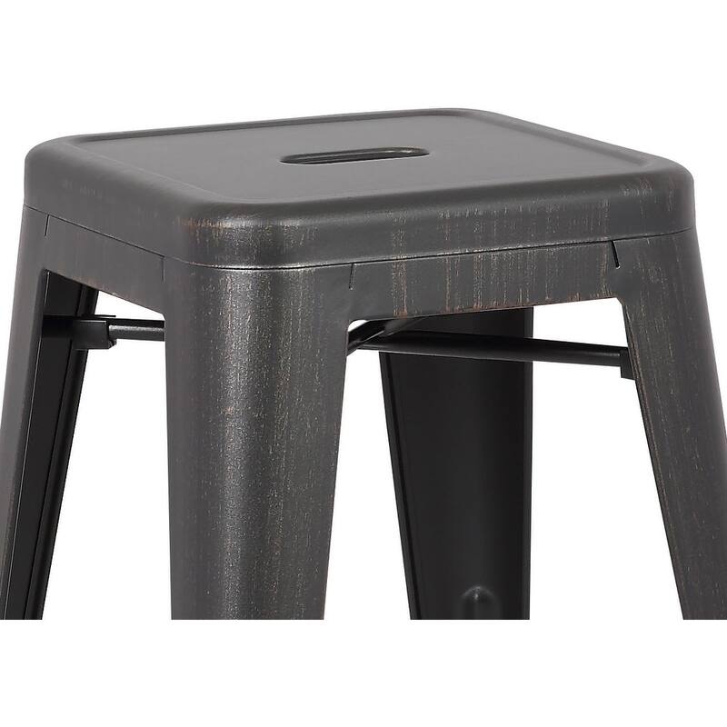 Set of 2 Backless Light Weight Industrial Costal Metal Bar Stools Without Back and 4 Leg Design (30" Seat, Distressed Black)