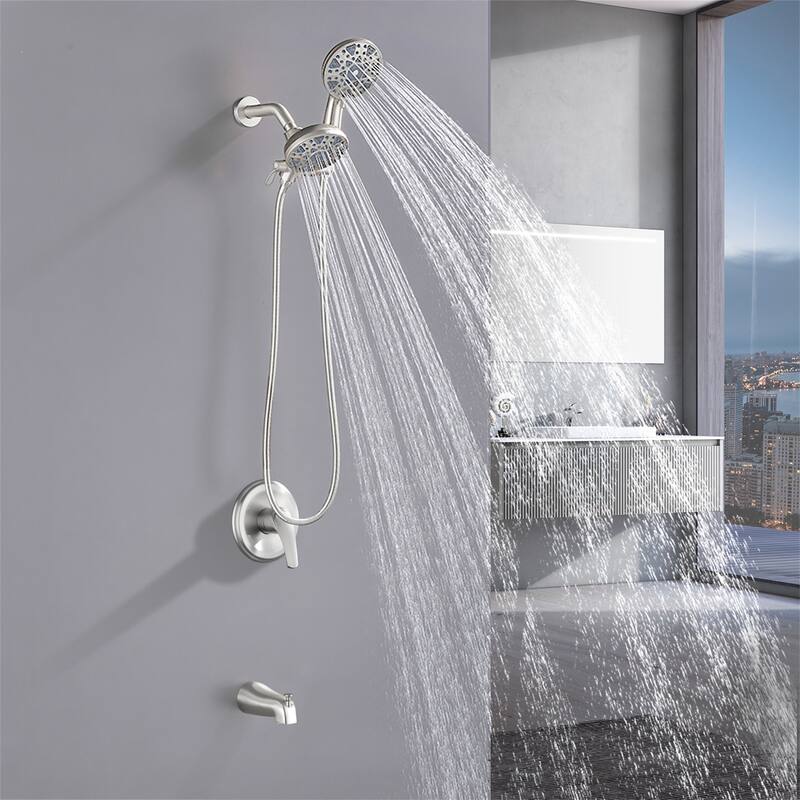 Wall Mount Dual Head Shower Faucet with Tub Spout Brass Complete Shower System with Hand Shower Valve Included
