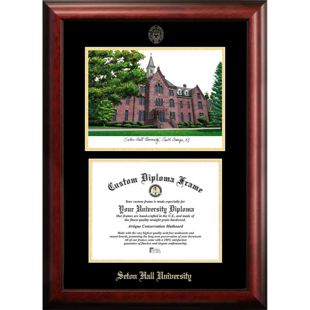 Seton Hall 11w x 8.5h Gold Embossed Diploma Frame with Campus Images Lithograph