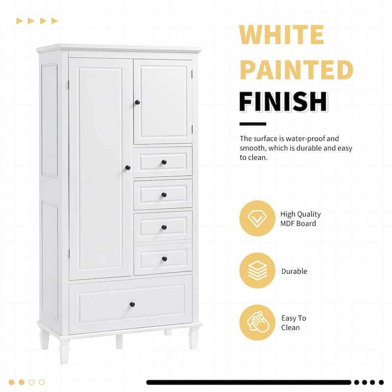 61.8'' White Storage Cabinet with 4 Drawers & 2 Doors, Adjustable Shelves, Solid Wood & MDF for Bathroom or Office