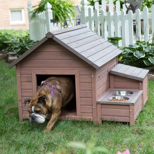 Solid Wood A Frame Outdoor Dog House with Food Bowl and Storage