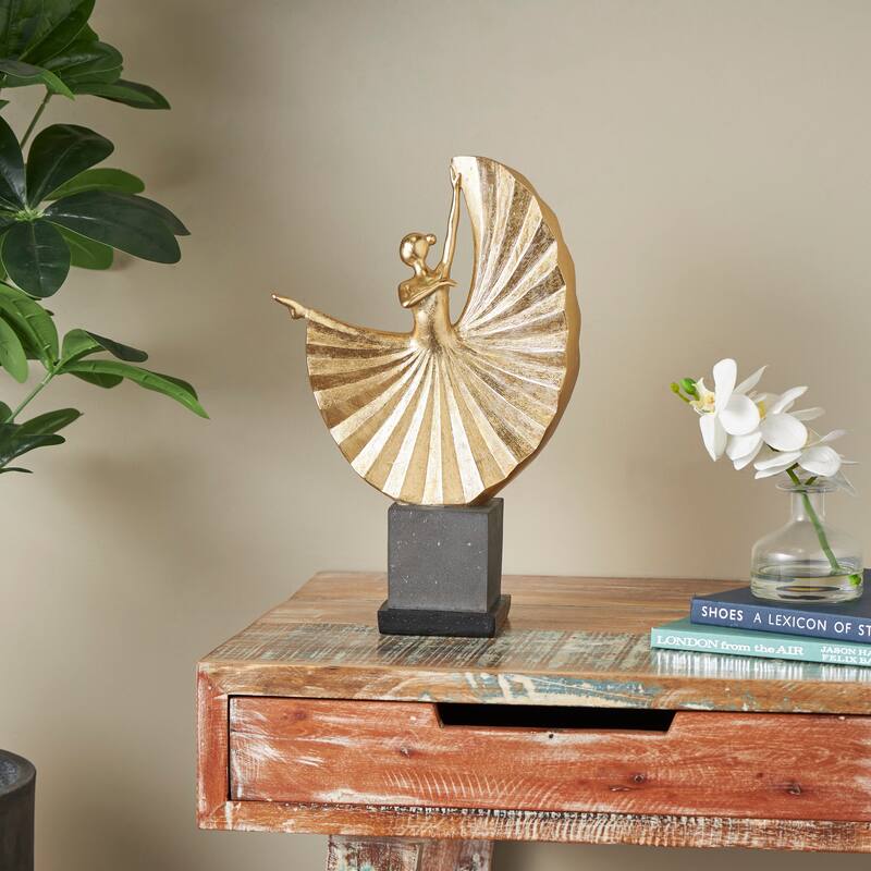 Gold Polystone Ballet Dancer Decorative Sculpture with Elevated Black Base - Gold