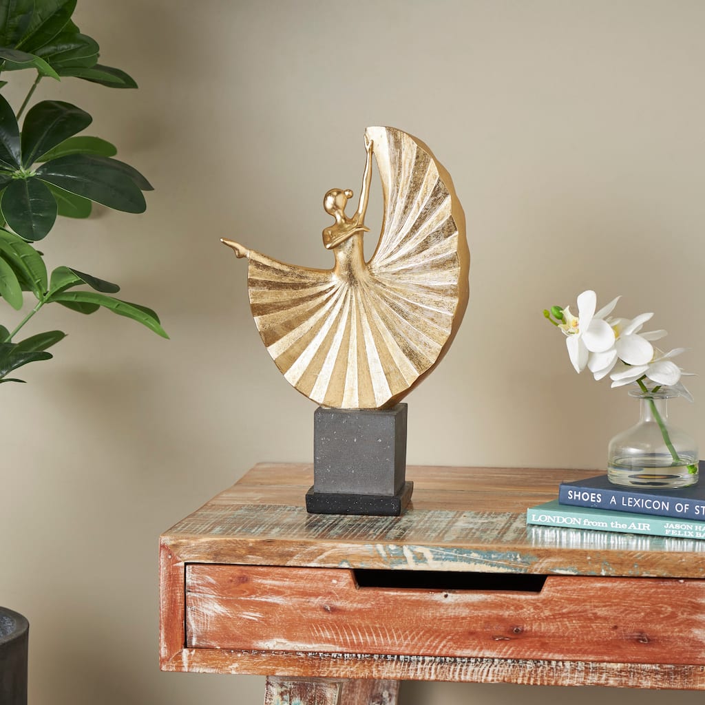 Gold Polystone Ballet Dancer Decorative Sculpture with Elevated Black Base