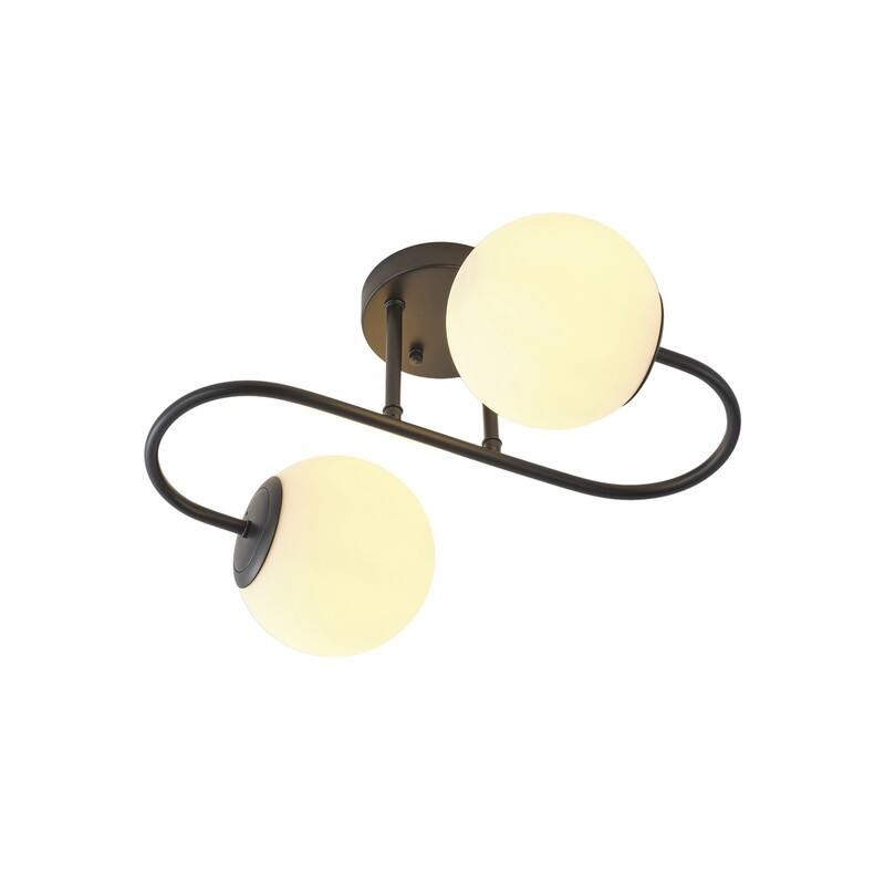 Modern Black Double Globe Flush Mount Ceiling Light with Curved Arm White Glass Shades