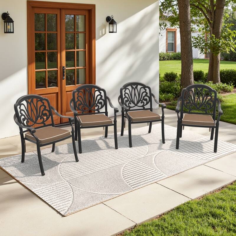 Stacking OutdoorPatio Dining Armchair with Brown Cushions - Black(Set of 4)