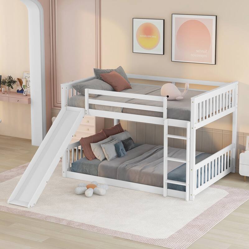 Durable Full Over Full Bunk Bed with Fun Slide and Ladder, Perfect for Kids, Sturdy Pinewood Frame, Easy Assembly, White/Grey