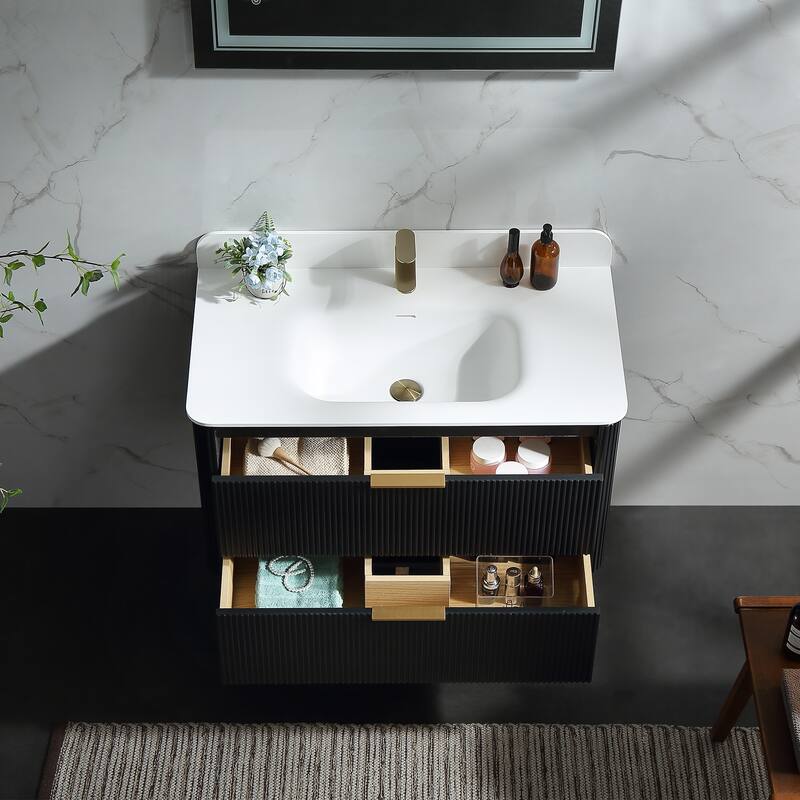 Modland Fluted Floating Vanity with Sink, Plywood Wall Mount Cabinet, Curved Edge, 24/30/36 Inch