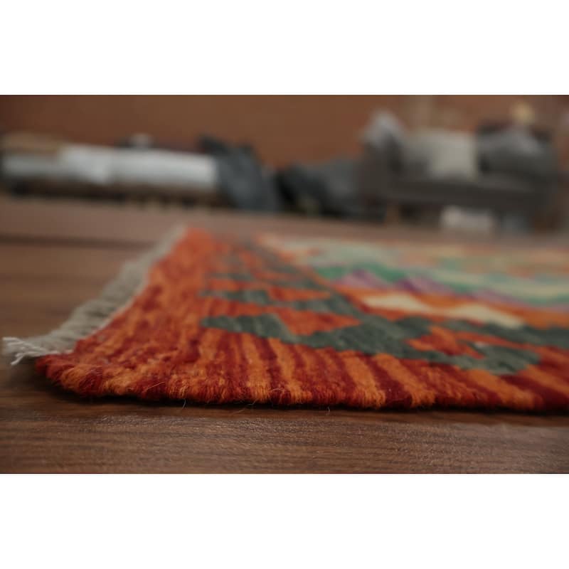 Hand Woven Oriental 100% Wool Carpet Southwestern Geometric Oranges & Rust Kilim Runner Rug - 9' 8'' X 2' 10''