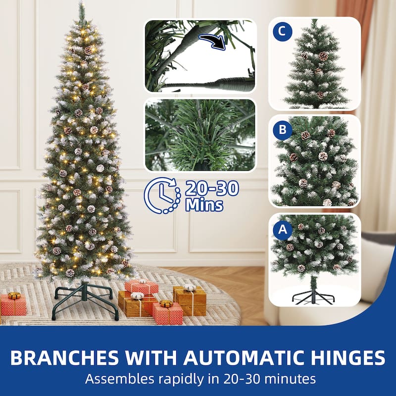 6/7.5 FT Flocked & Frosted Slim Prelit Artificial Hinged Xmas Tree