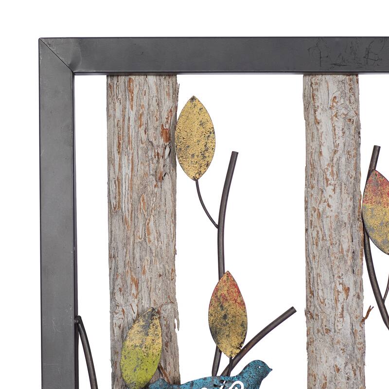 Black Metal Bird Wall Decor with Tree Branches and Colorful Leaves