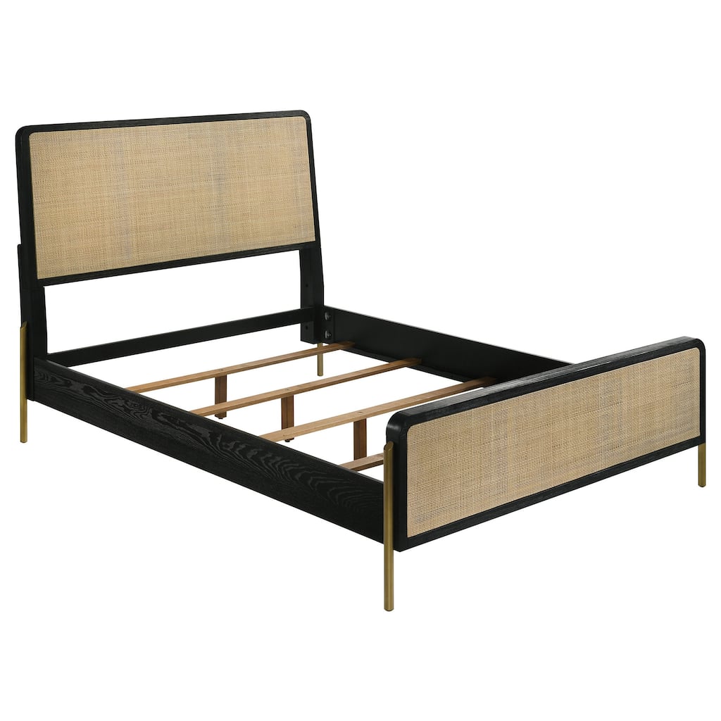 Fij King Size Bed, Natural Rattan Woven Panel Headboard, Gold Legs, Black