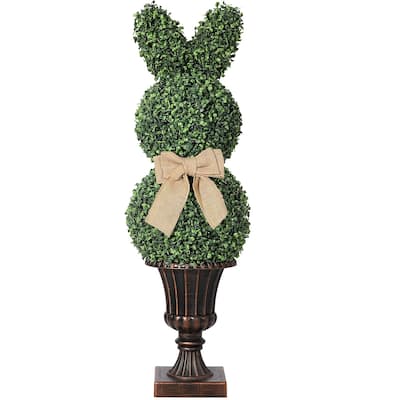 39"/3.25' Artificial Bunny Shaped Topiary Tree With Classic Planter Pot Rabbit Bowknot Faux