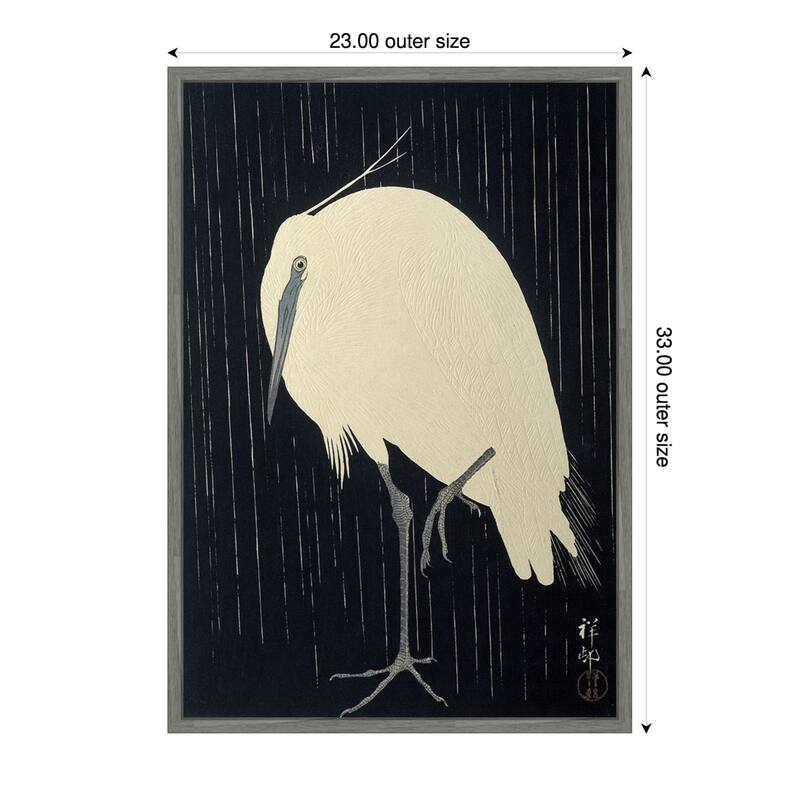 Egret in the Rain, 1925-1936 by Ohara Koson Framed Canvas Wall Art Print - Plastic - 23 x 33 in - Grey