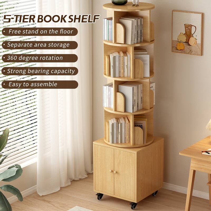 360 Degree Display 5 Tier Corner Bookshelf with Drawer, Floor Standing Bookcase Storage Rack, Wood Narrow Book Shelf Organizer