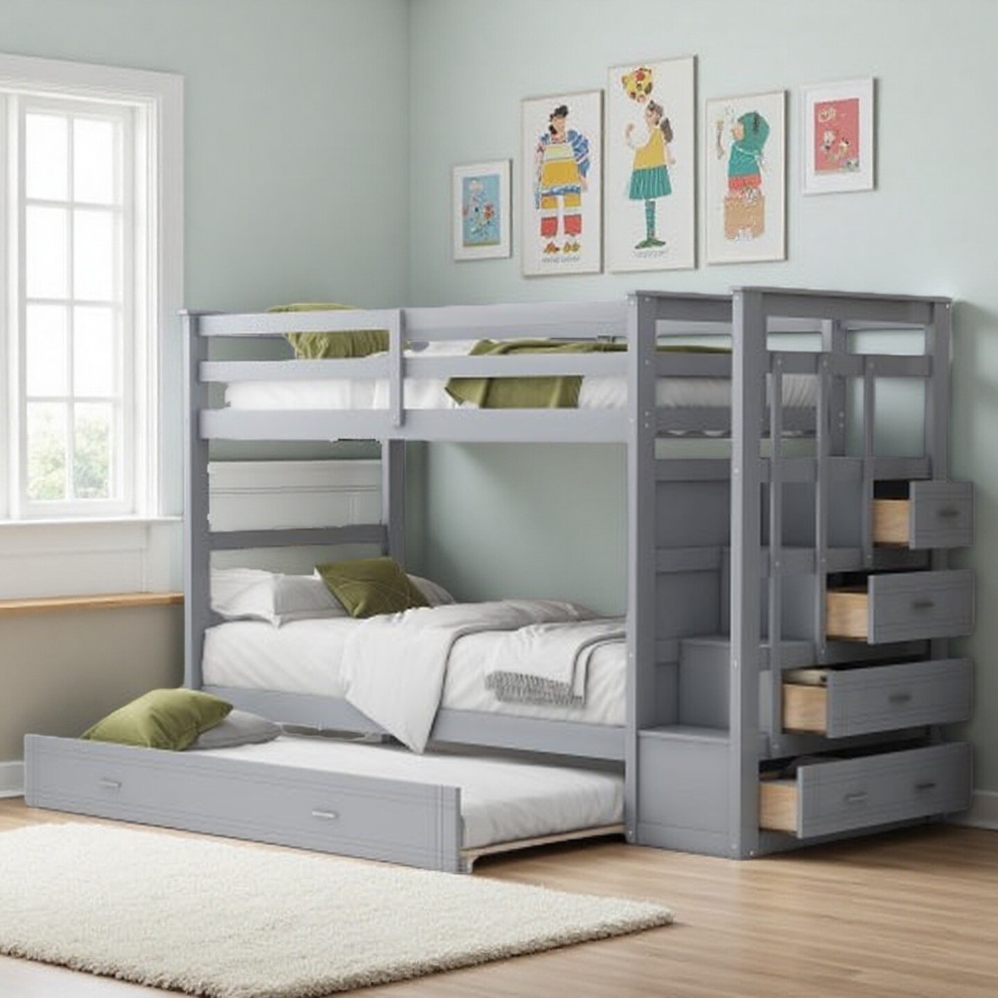 Full-Over-Full Bunk Bed with Twin Trundle, Staircase with Storage Drawers, Solid Pine Frame
