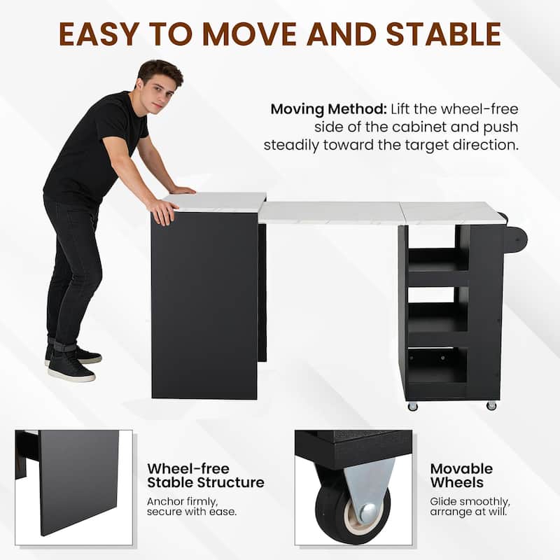 EROMMY Foldable Kitchen Island Table with Storage, Rolling Collapsible Dining & Work Table.