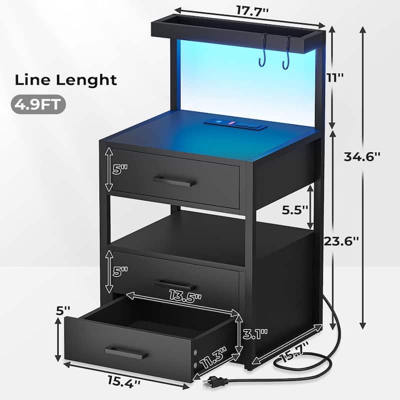Nightstand Charging Station LED Lights End Table 3 Drawers