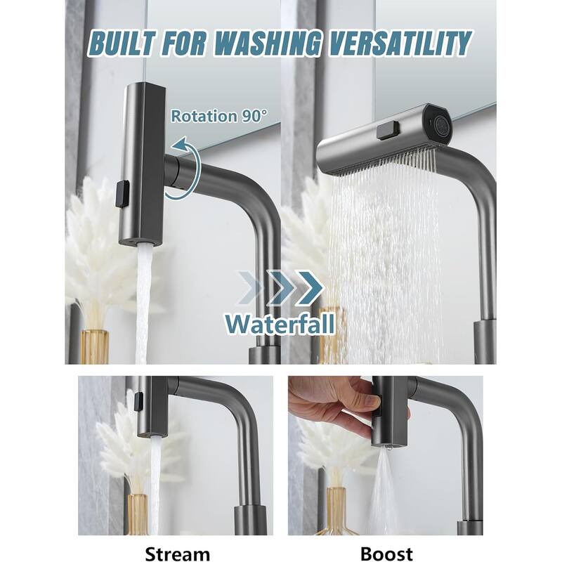 Lefton Waterfall Pull-Out Bathroom Faucet 3 Hole with Temperature Display in Fahrenheit (Battery-Free), BFWS2401