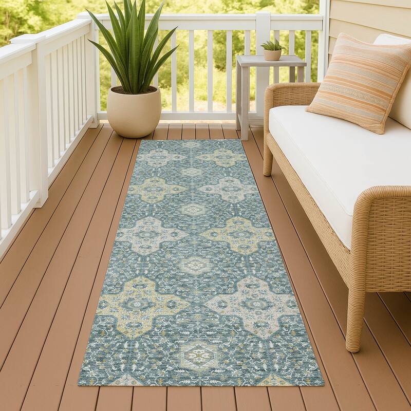 Machine Washable Indoor/ Outdoor Traditional Columbus Chantille Rug - Teal - 2'3" x 7'6"