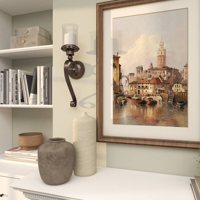 Brown Metal Studded Pillar Scroll Wall Sconce - 6 x 5 x 20