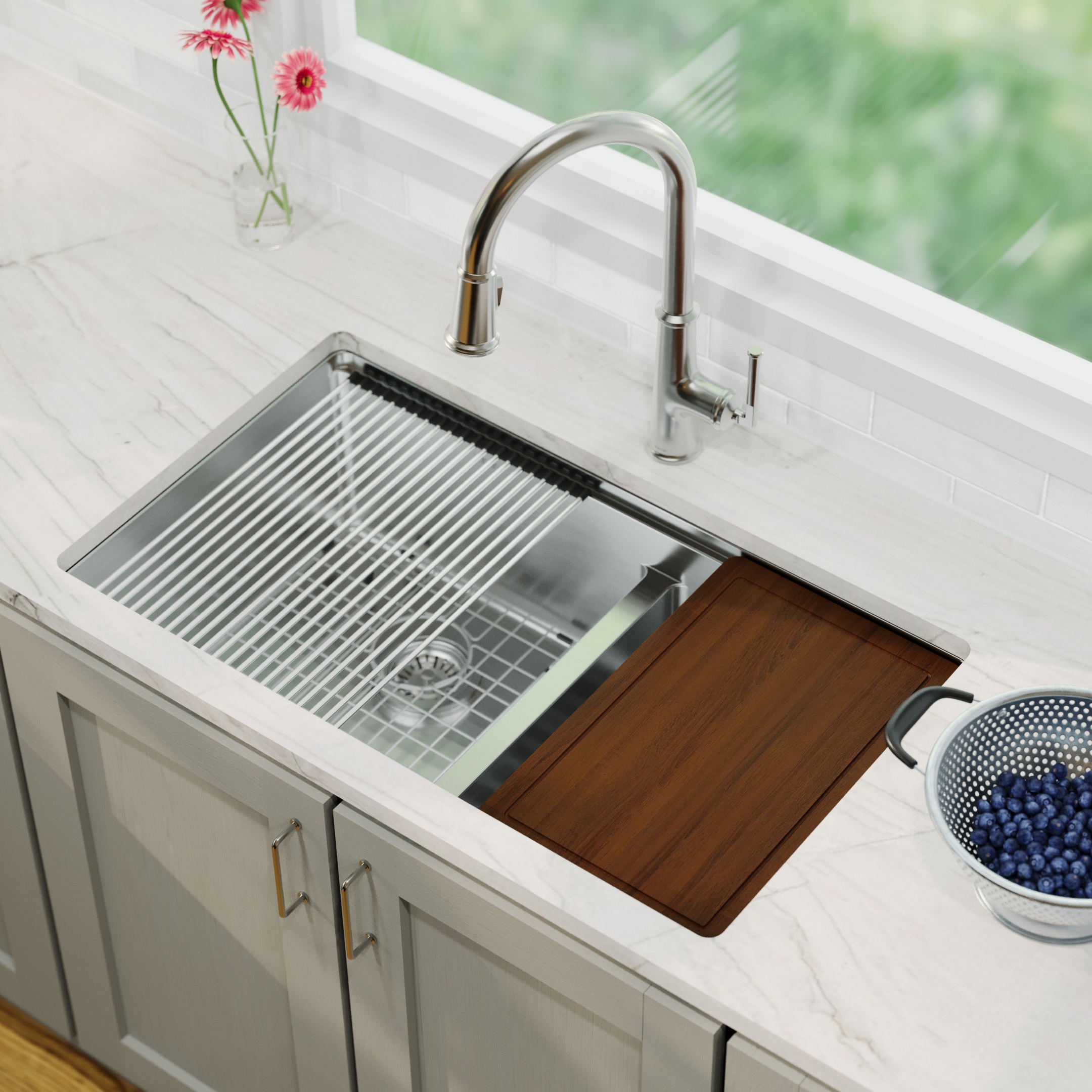 Karran 32" Undermount Double Bowl 60/40 Stainless Steel Workstation Sink - Stainless Steel