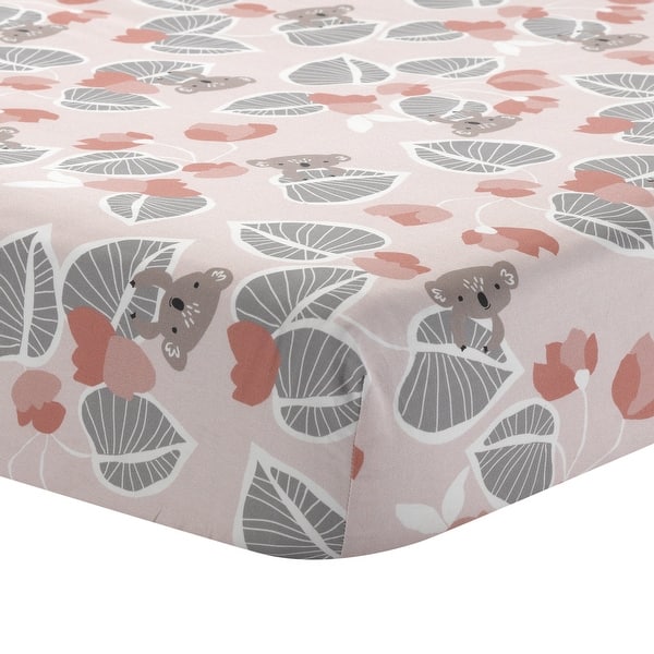 slide 2 of 4, Lambs & Ivy Calypso Pink/Gray Koala with Leaf Print 100% Cotton Fitted Crib Sheet