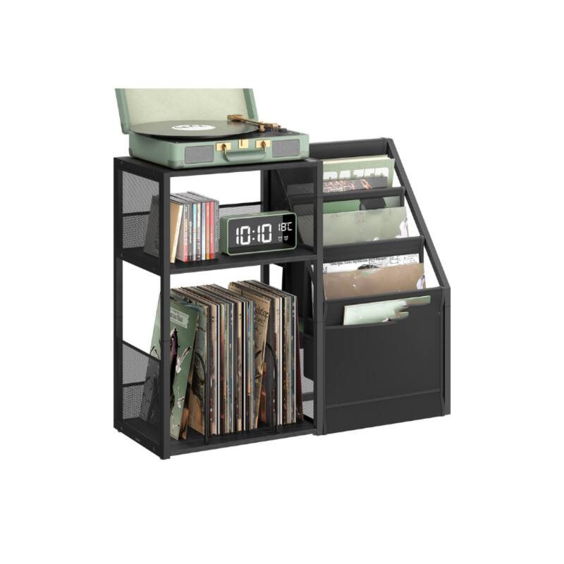 3-Tier Record Player Stand with 2 open Shelves and Display Rack for 140 Albums - 31.9”L x 11.8”W x 27.1”H - Ebony-Black