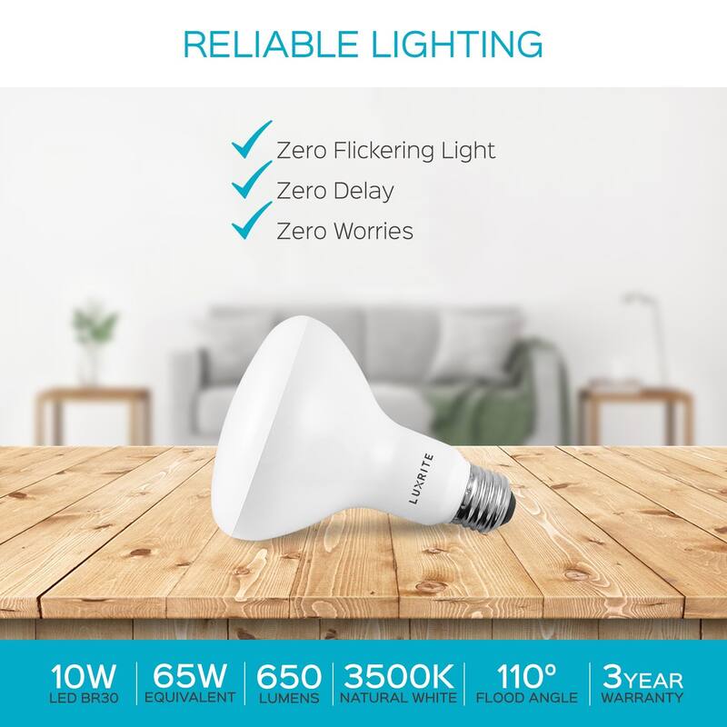 Luxrite BR30 LED Flood Light Bulb Dimmable 650 Lumens 9W=65W E26 Base Energy Star UL Listed Damp Rated 4-Pack
