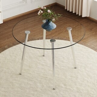 Modern Round Dining Table with Clear Glass Top and Silver Metal Legs ...